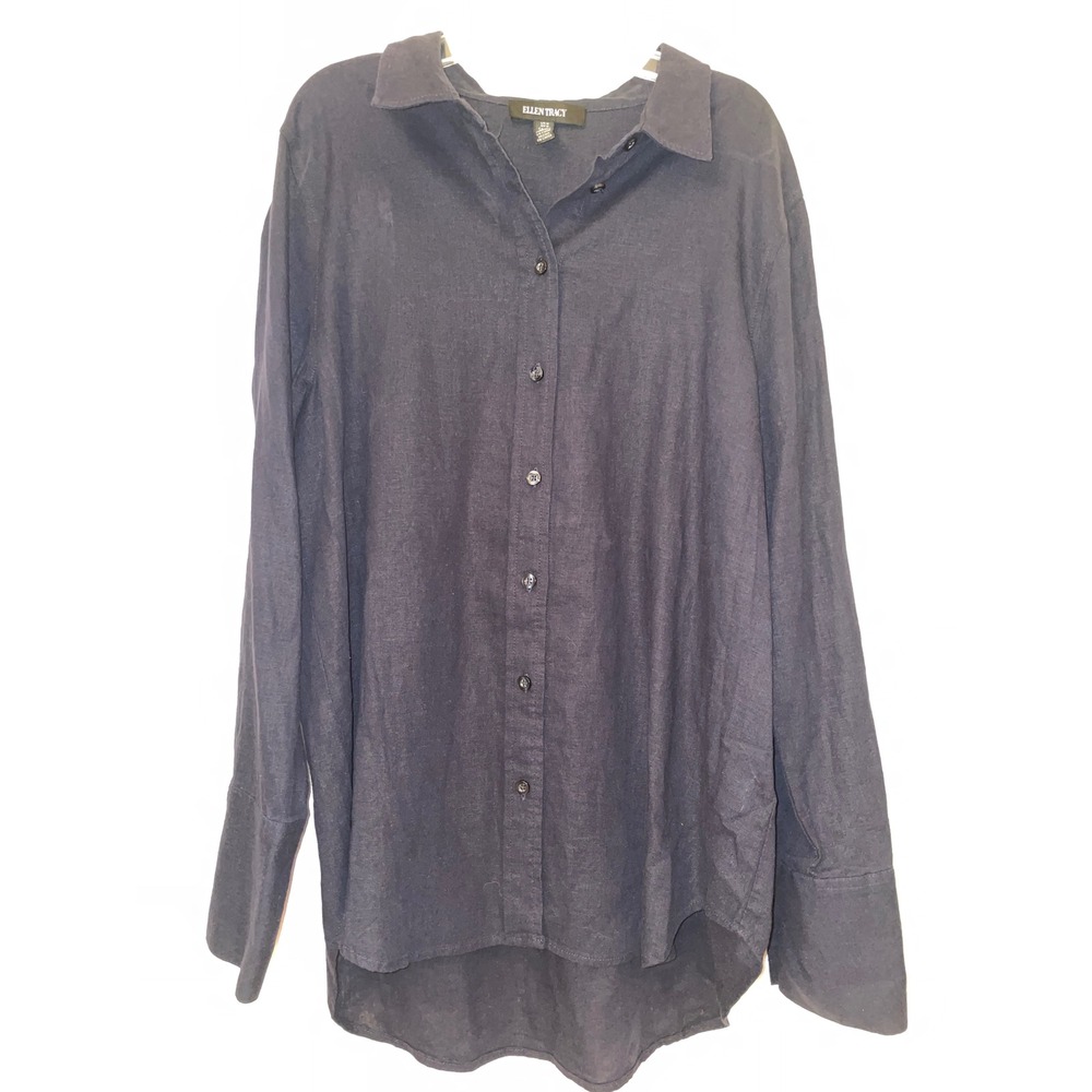 Ellen Tracy Womens Black Linen Blend Button Down Shirt ETWS4041‎ Size M